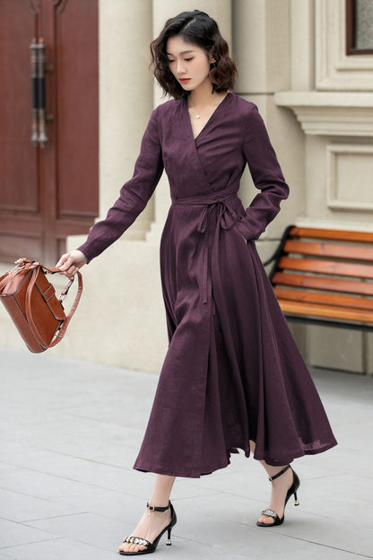 Purple Linen Wrap Dress – Handmade Long Sleeve Maxi for Women 6672