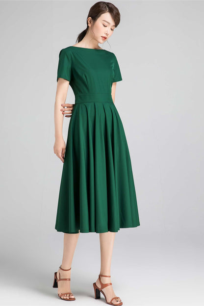 Green Linen Fit and Flare Dress - Pockets and Boat Neck 2337