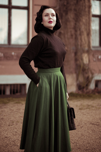 Green Wool Midi Skirt - High Waist, Flowing Silhouette 4738