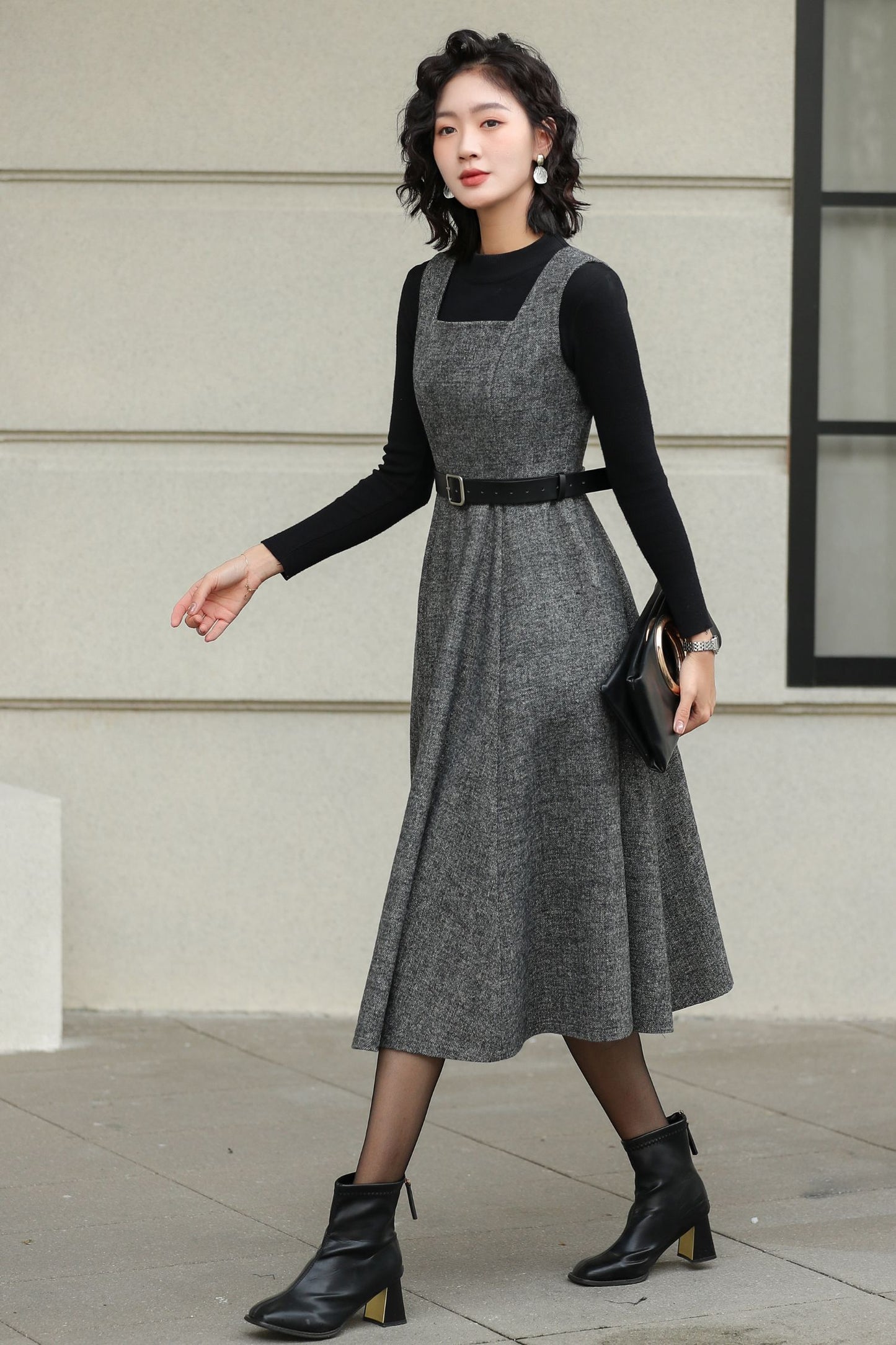 Handmade Wool Pinafore Dress – Gray Sleeveless Midi for Autumn Winter 6418