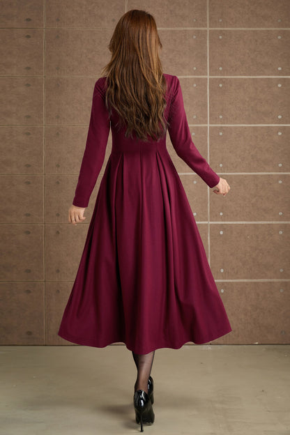 Burgundy Wool Midi Dress - Long Sleeves, Fit and Flare Silhouette 5358