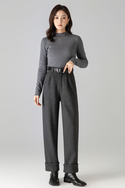 Charcoal Wool Long Pants - Warm Full-Length Tailored Fit 6461