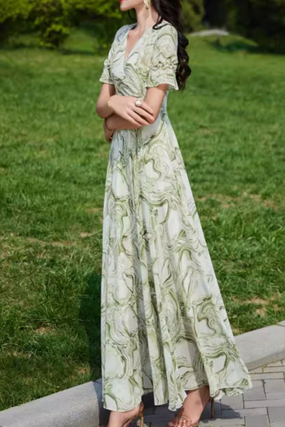 Green Chiffon Maxi Dress - V-Neck, Fitted Waist, Flowing Silhouette 5038