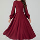 Burgundy swing winter wool dress for women 4550