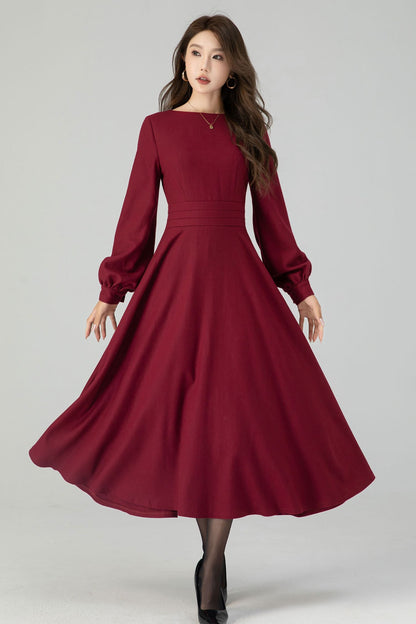 Green Wool Midi Dress - Lantern Sleeve, Swing Silhouette 4550