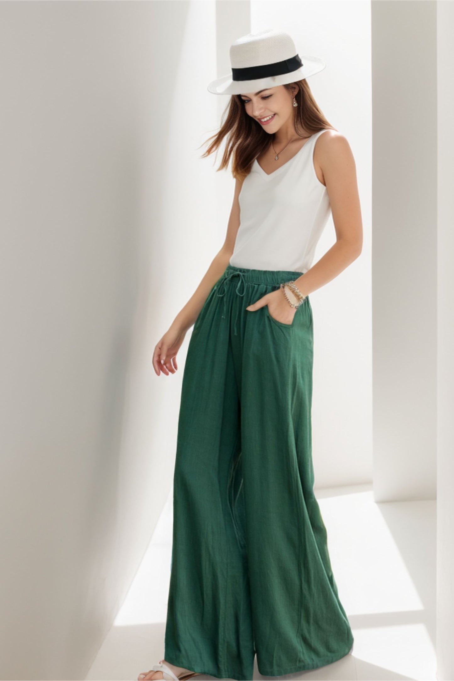 Green Elastic Waist Wide leg Linen Pants 2879