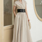 Beige Linen Wrap Dress – Short Sleeve Midi Dress with Belt & Pockets 5836