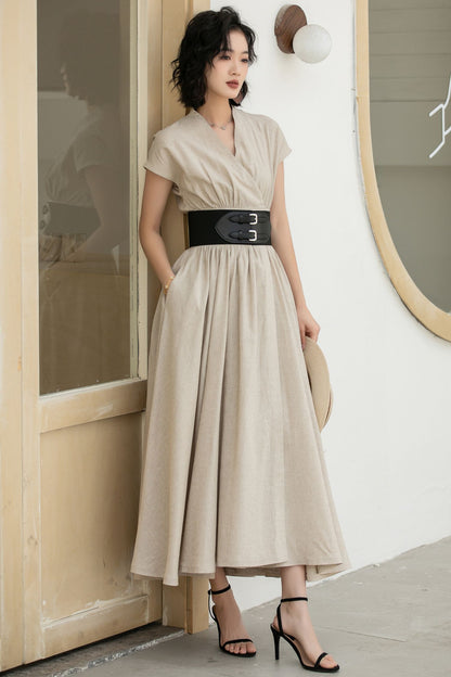 Beige Linen Wrap Dress – Short Sleeve Midi Dress with Belt & Pockets 5836