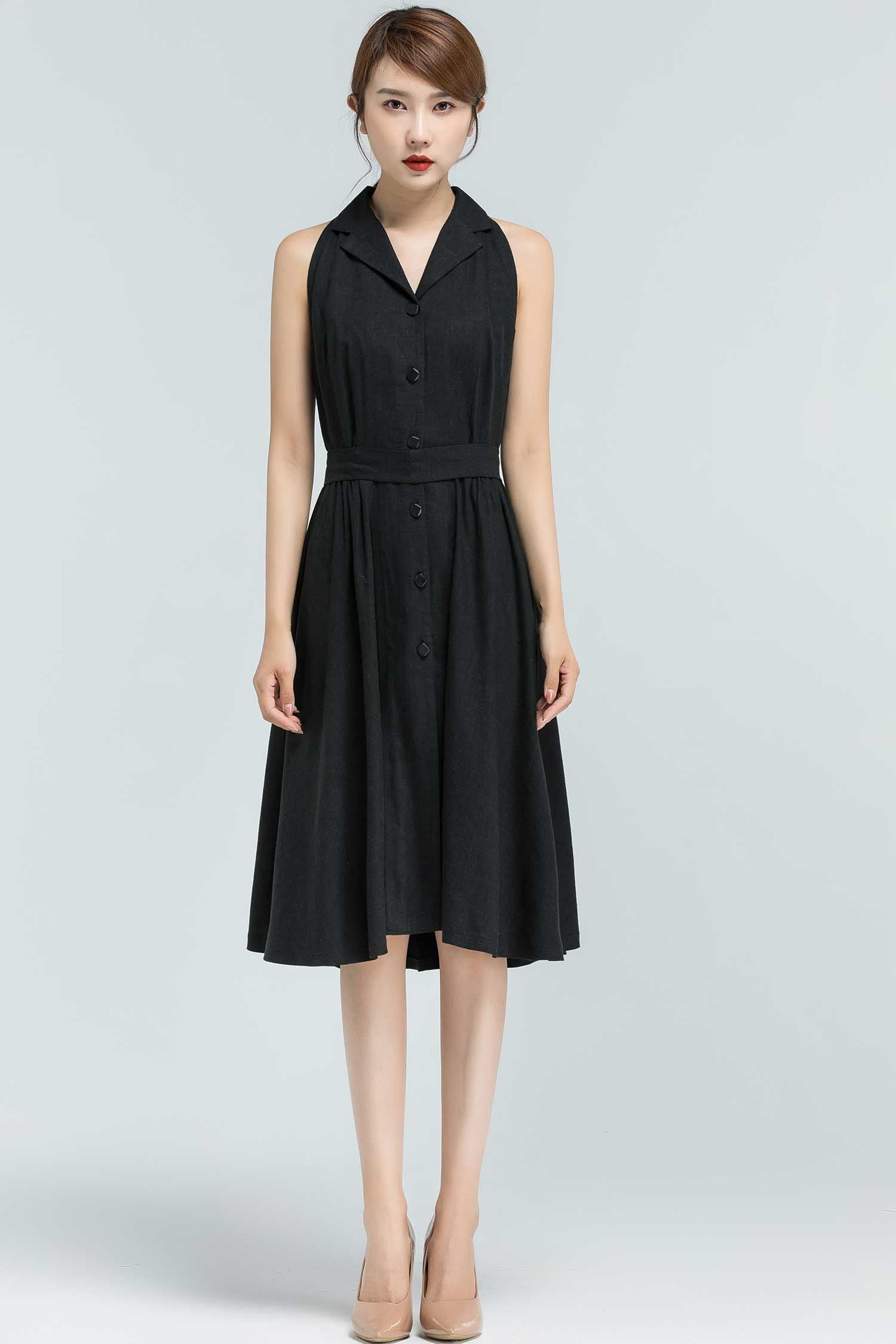 Black Linen Button Down Midi Dress Handmade Summer | Xiaolizi 2135 White / M Black Linen Button Down Midi Dress Handmade Summer | Xiaolizi 2135 White / M