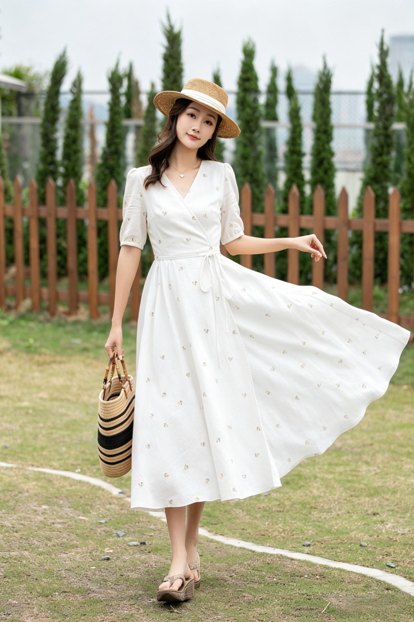 White Cotton Linen Wrap Midi Dress - Floral Embroidery V-Neck | Xiaolizi 6786