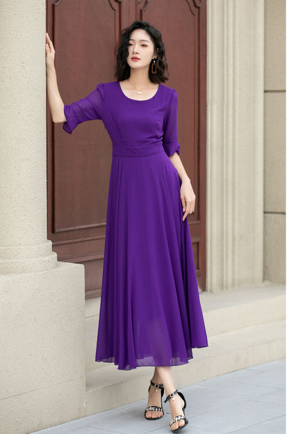 Purple Chiffon Maxi Dress - A-Line Silhouette with Flared Sleeves 5116