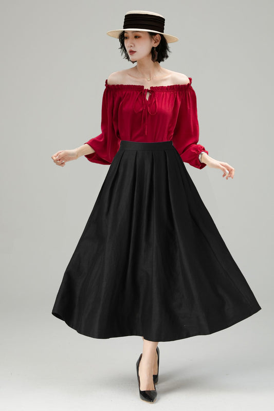 Black Linen Midi Skirt - High Waist A-Line | Xiaolizi 6716