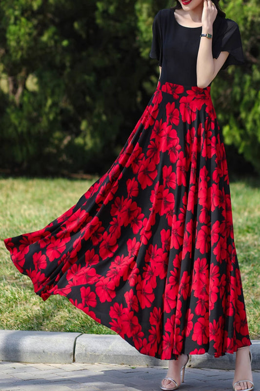 Black and red floral printed midi chiffon dress 5081