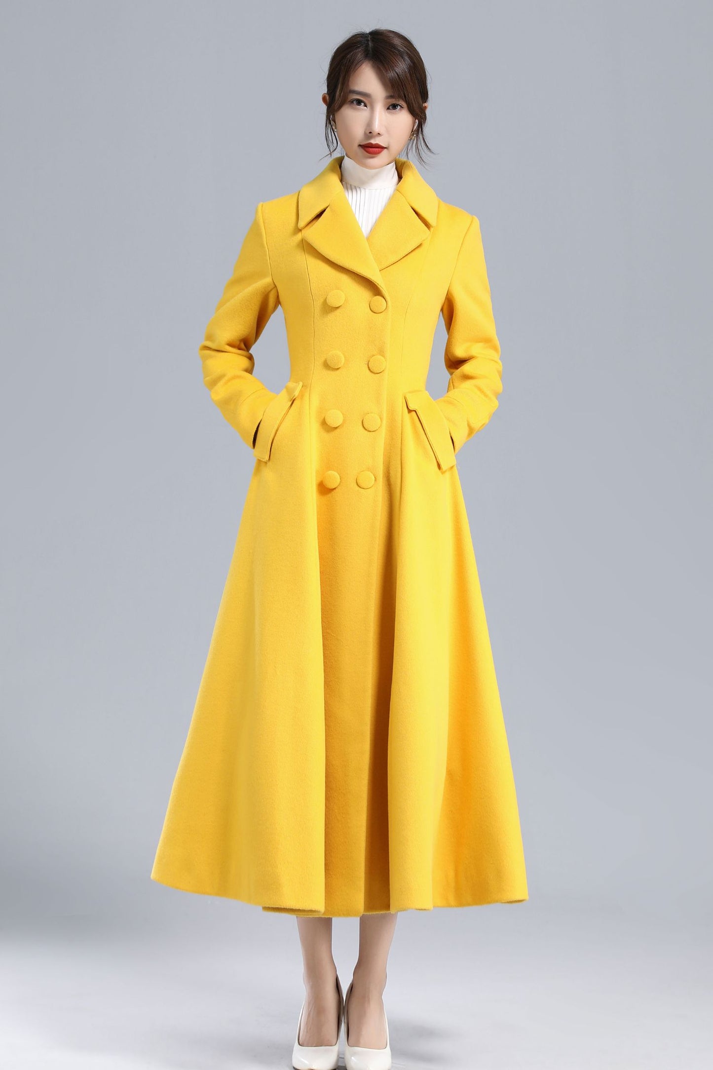 Yellow Winter Long Wool Coat Women 3234