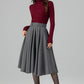 Grey Wool Midi Skirt – Handmade High Waist Vintage Pleated Skater Skirt 6398