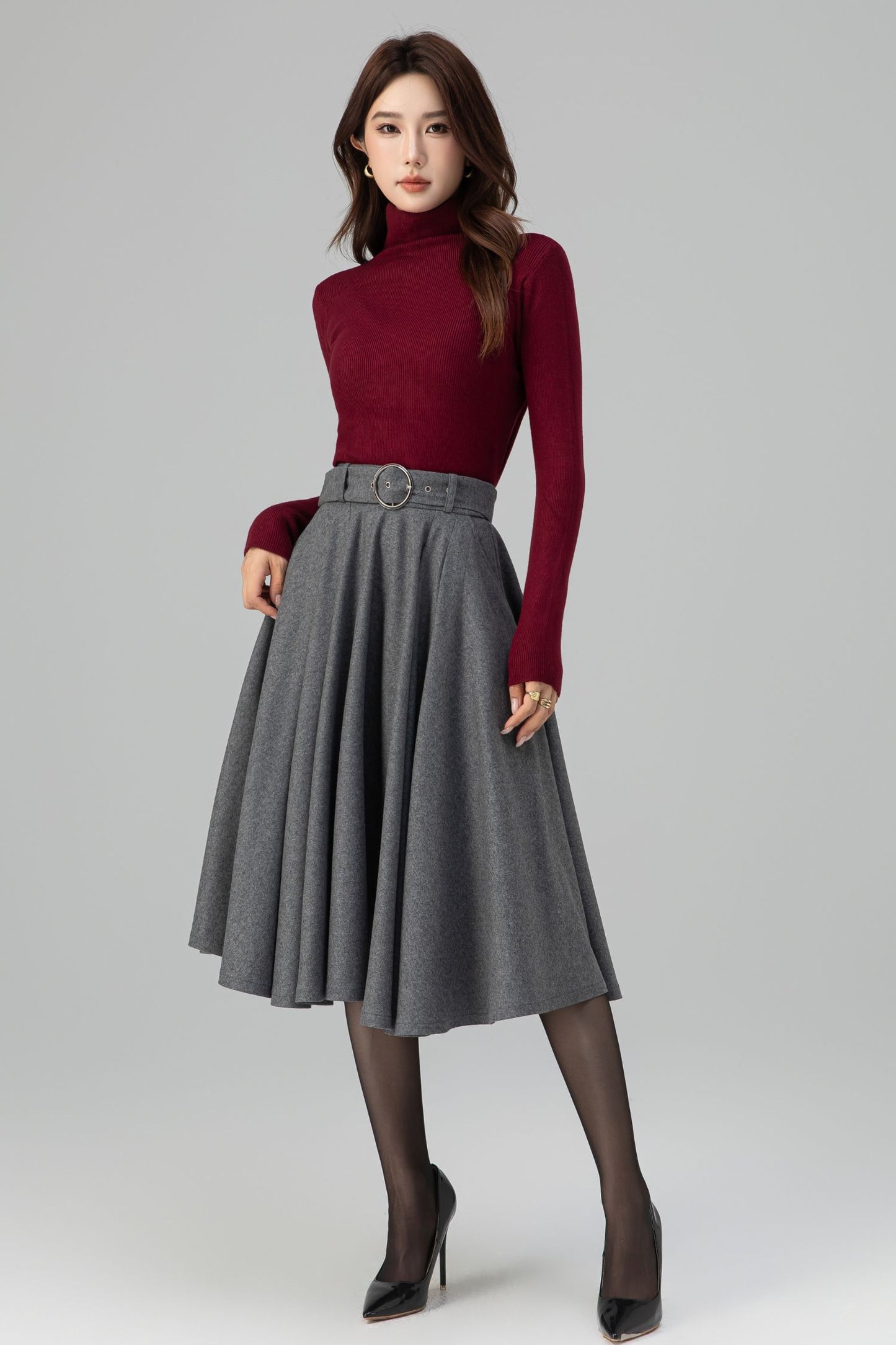 Grey Wool Midi Skirt – Handmade High Waist Vintage Pleated Skater Skirt 6398