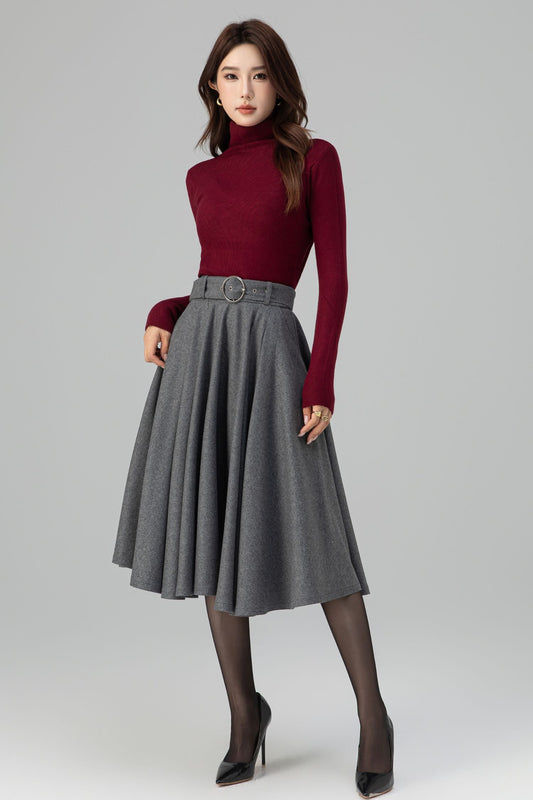 Grey Wool Midi Skirt – Handmade High Waist Vintage Pleated Skater Skirt 6398