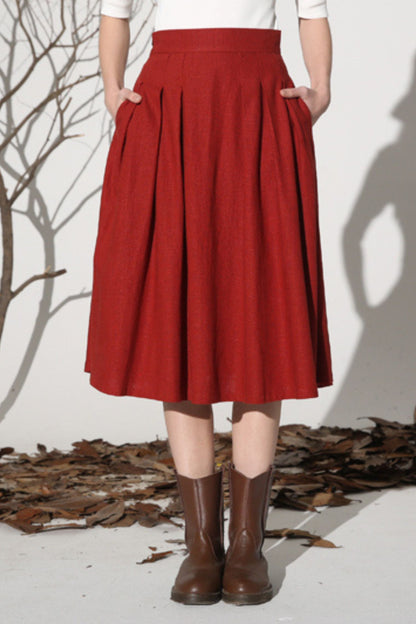 Rust Linen Cotton A-Line Midi Skirt - Pleated Waist Detail 1155