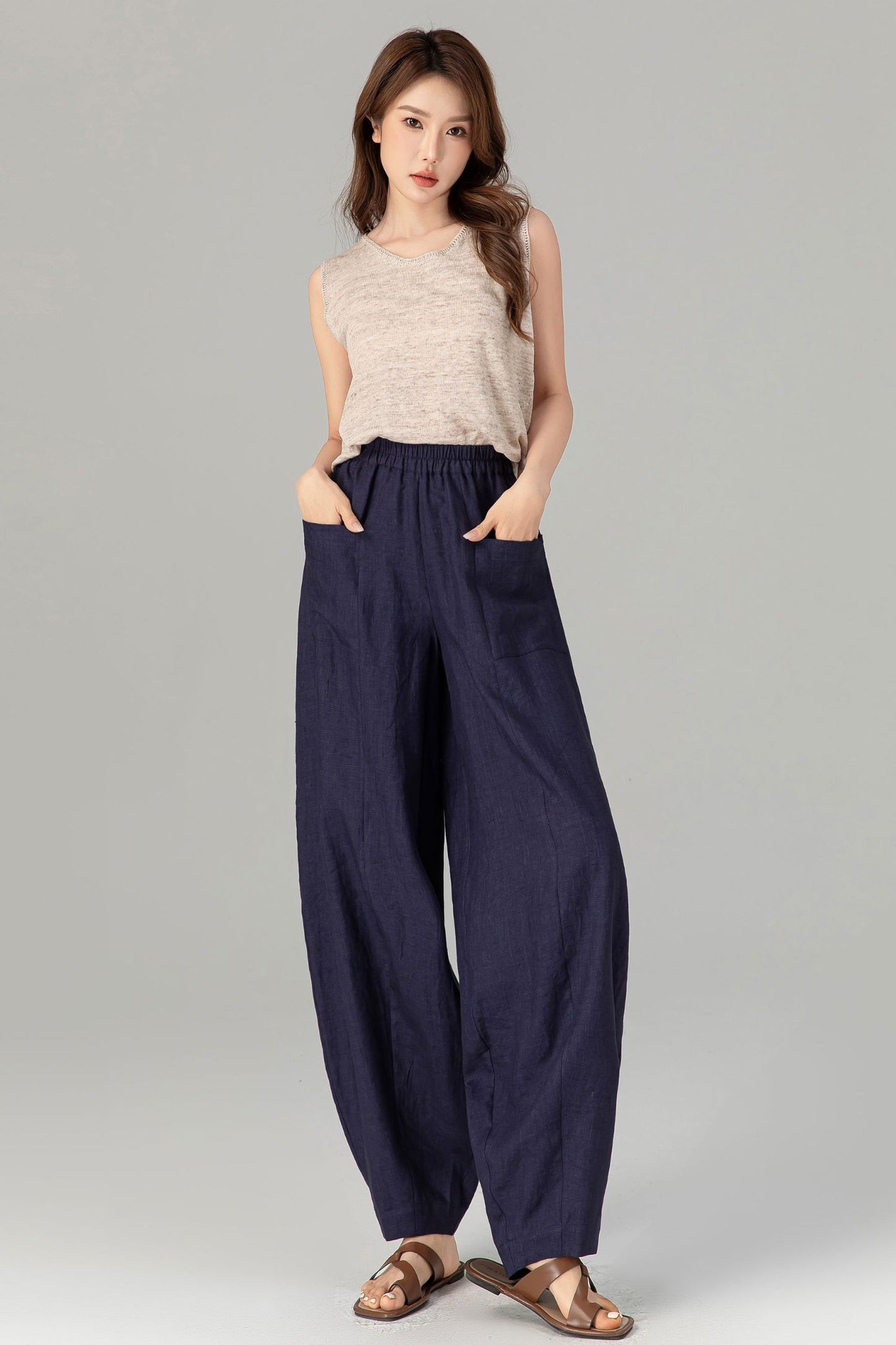 Loose fitting wide leg long linen pants 4907