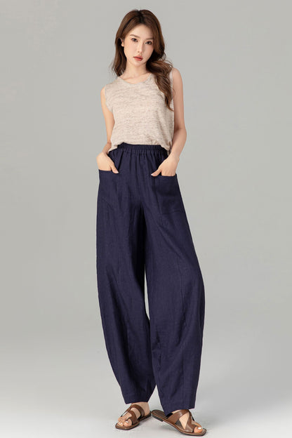 Navy Linen Cotton Wide Leg Pants - Lantern Silhouette with Pockets 4907