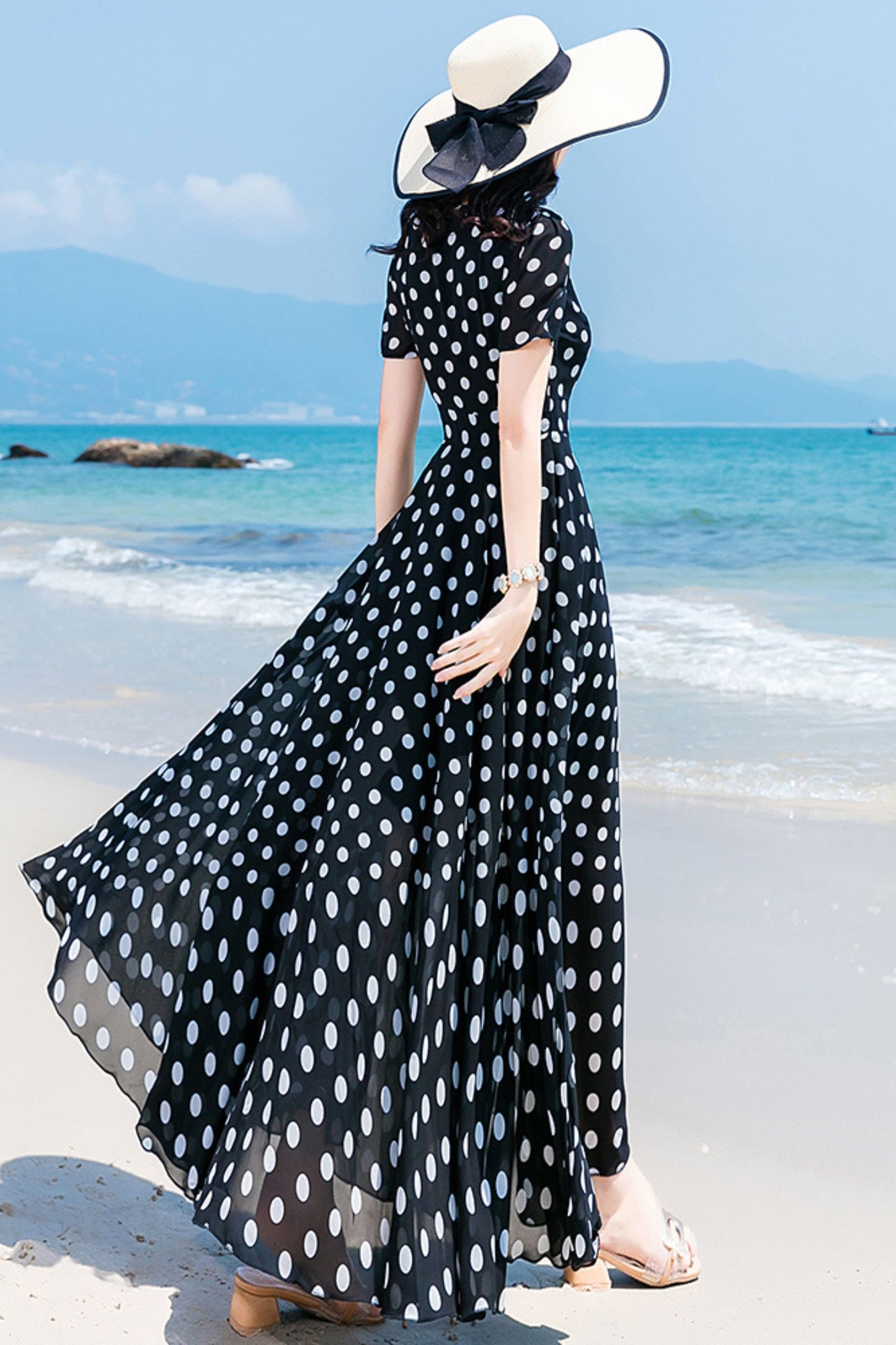 Black and white polka dot prom chiffon dresses HY0030