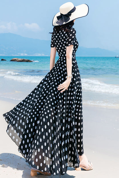 Black and White Polka Dot Chiffon Maxi Dress - Flowy, Short Sleeve HY0030