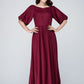 Burgundy midi summer womens linen dress 1573