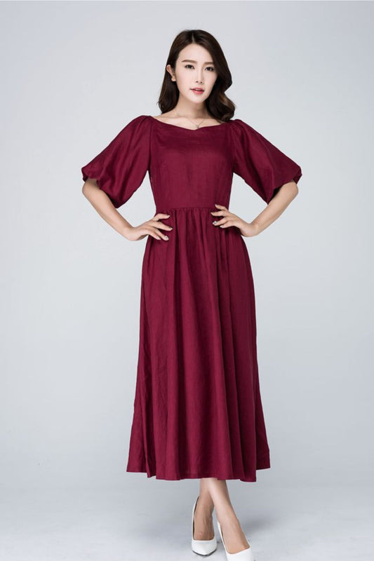 Burgundy midi summer womens linen dress 1573