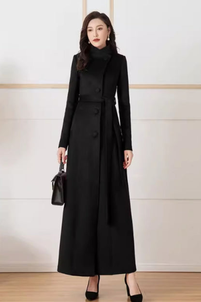 Wine Red Wool Long Trench Coat - Stand Collar, Belted Waist 5294