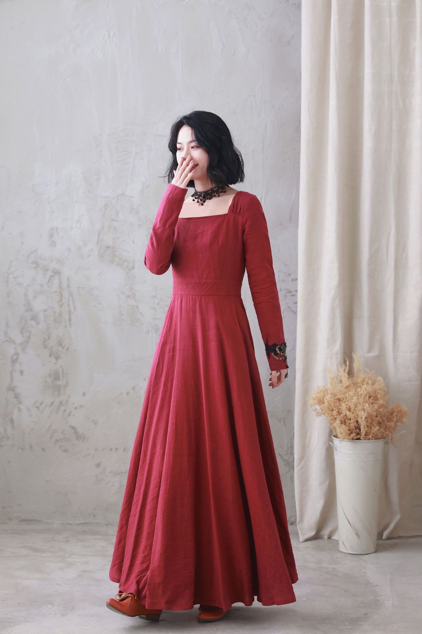 Vintage Red Linen Cotton Maxi Dress Square Neck Long Sleeve Burgundy / M Vintage Red Linen Cotton Maxi Dress Square Neck Long Sleeve Burgundy / M