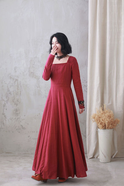 Vintage Red Linen Cotton Maxi Dress – Square Neck Long Sleeve Burgundy / M Vintage Red Linen Cotton Maxi Dress – Square Neck Long Sleeve Burgundy / M