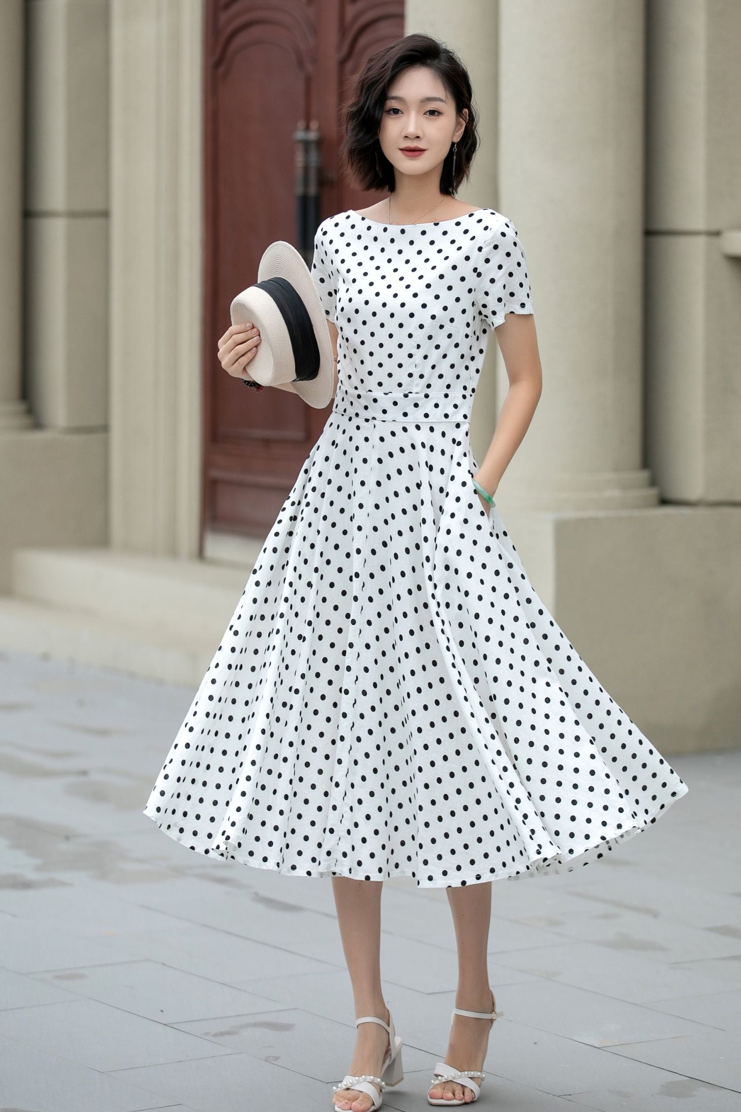 Black & White Cotton Linen Midi Dress with Flared Swing Skirt Xiaolizi Black & White Cotton Linen Midi Dress with Flared Swing Skirt Xiaolizi