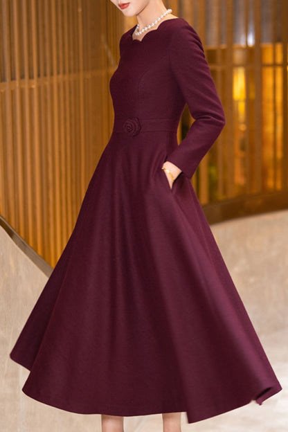 Burgundy Wool Midi Dress - Fitted Waist with Scalloped Neckline TT0187