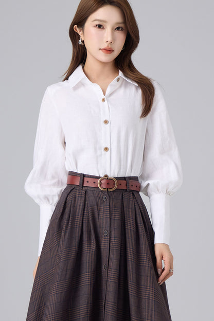 White Linen Cotton Shirt for Women – Puff Sleeve Vintage Inspired Button Blouse | Xiaolizi 6765