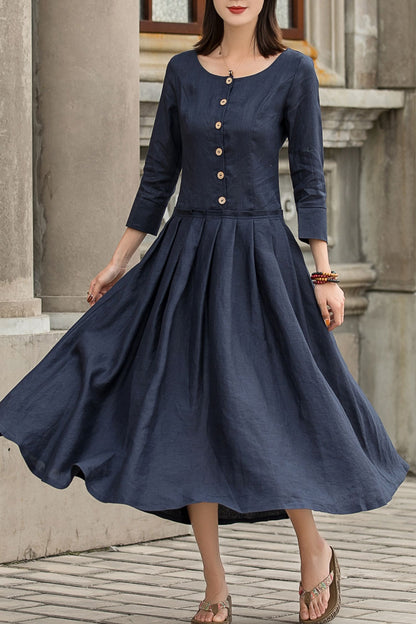 Navy Linen Maxi Dress - Drop Waist 3/4 Sleeves Pockets | Xiaolizi 2742