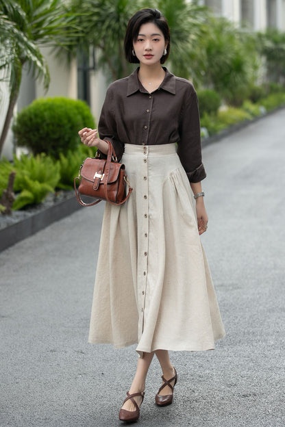 Beige Linen Midi Skirt – High Waist A-Line Button Front Skirt 6666