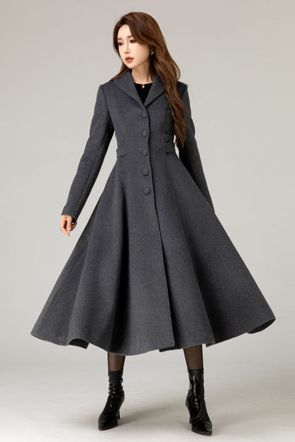 Handmade Charcoal Grey Wool Coat – Vintage Tailored A-line Long Winter Overcoat | Xiaolizi  5479