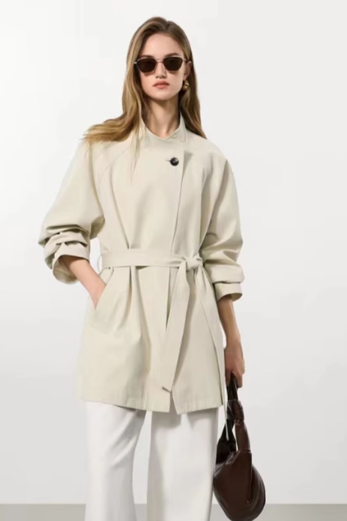 Beige womens short trench coat 5375