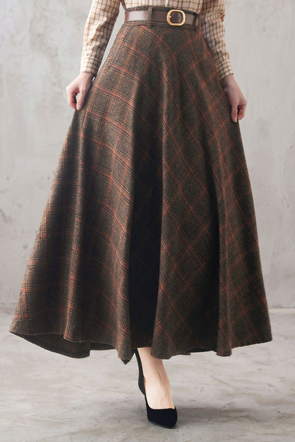 Brown Plaid Wool Maxi Skirt – Vintage High Waist Winter Long Skirt with Pockets 3102