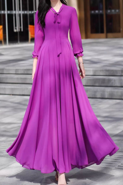Purple Chiffon Maxi Dress - Flowing Silhouette with V-Neck Tie 5095