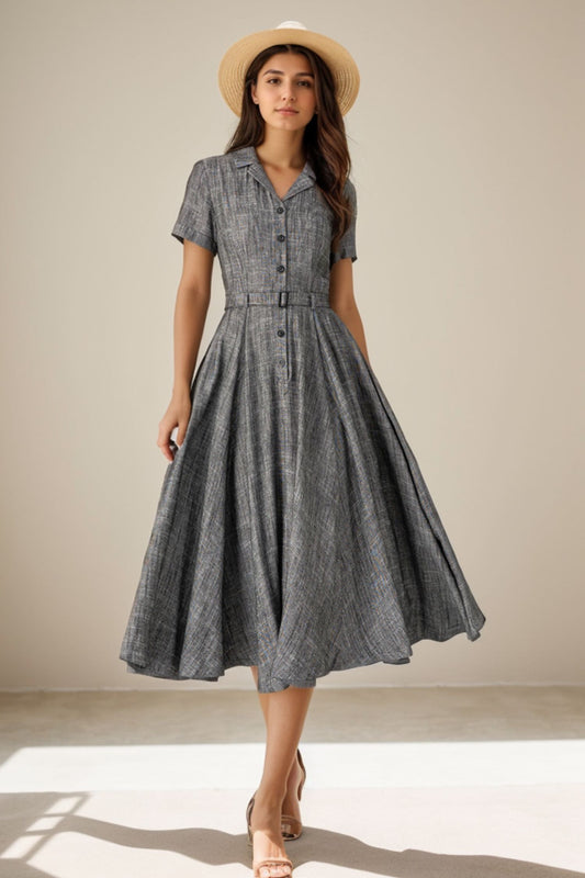 1950s Gray Midi Linen Summer Dress Women 5128