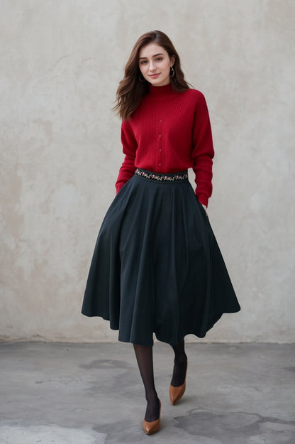 Vintage Black Wool Midi Skirt – Embroidered Waist Circle Skirt  5310