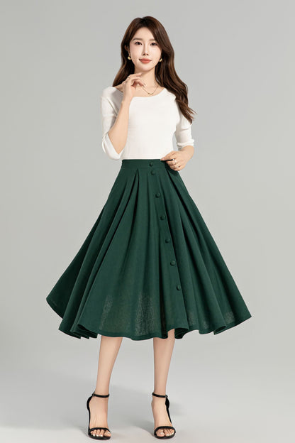 Dark Green Button-Down Linen Midi Skirt – A-Line, Pockets, Elastic Back | Xiaolizi 4963