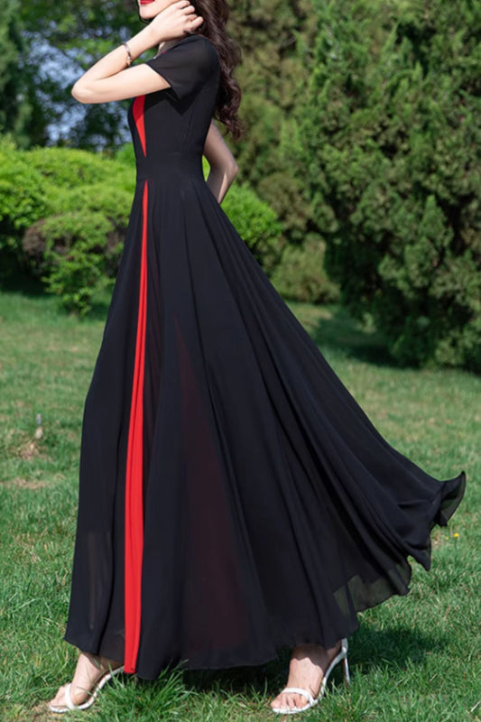 Block color maxi summer prom chiffon dress 5155