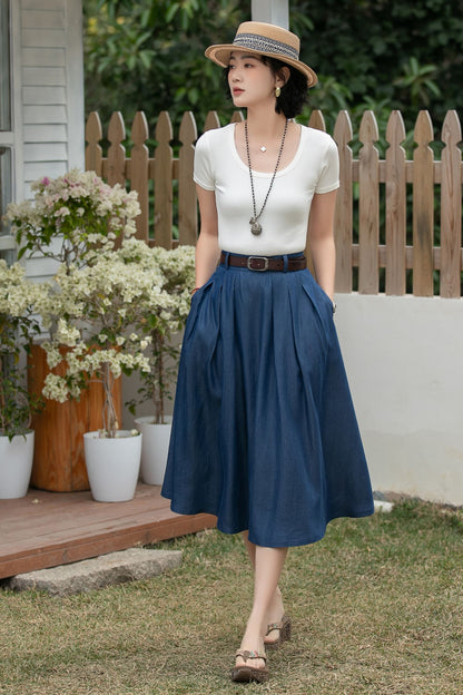 Xiaolizi Tencel Denim Midi Skirt – Vintage High Waist A-Line 6697 Size XS #CK2600181