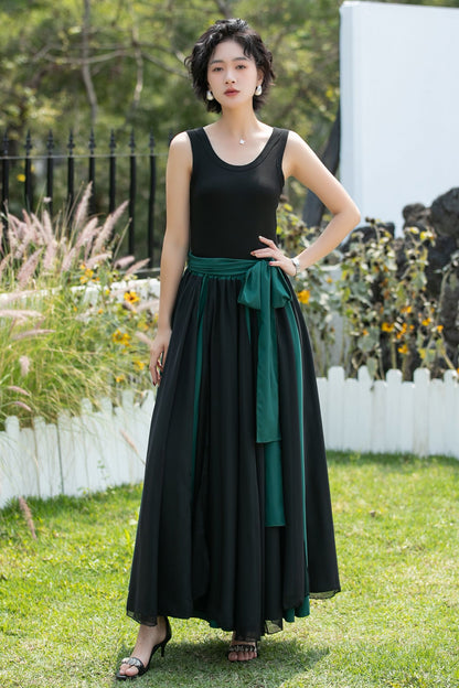 Black and Emerald Green Chiffon Maxi Skirt | Xiaolizi 6741