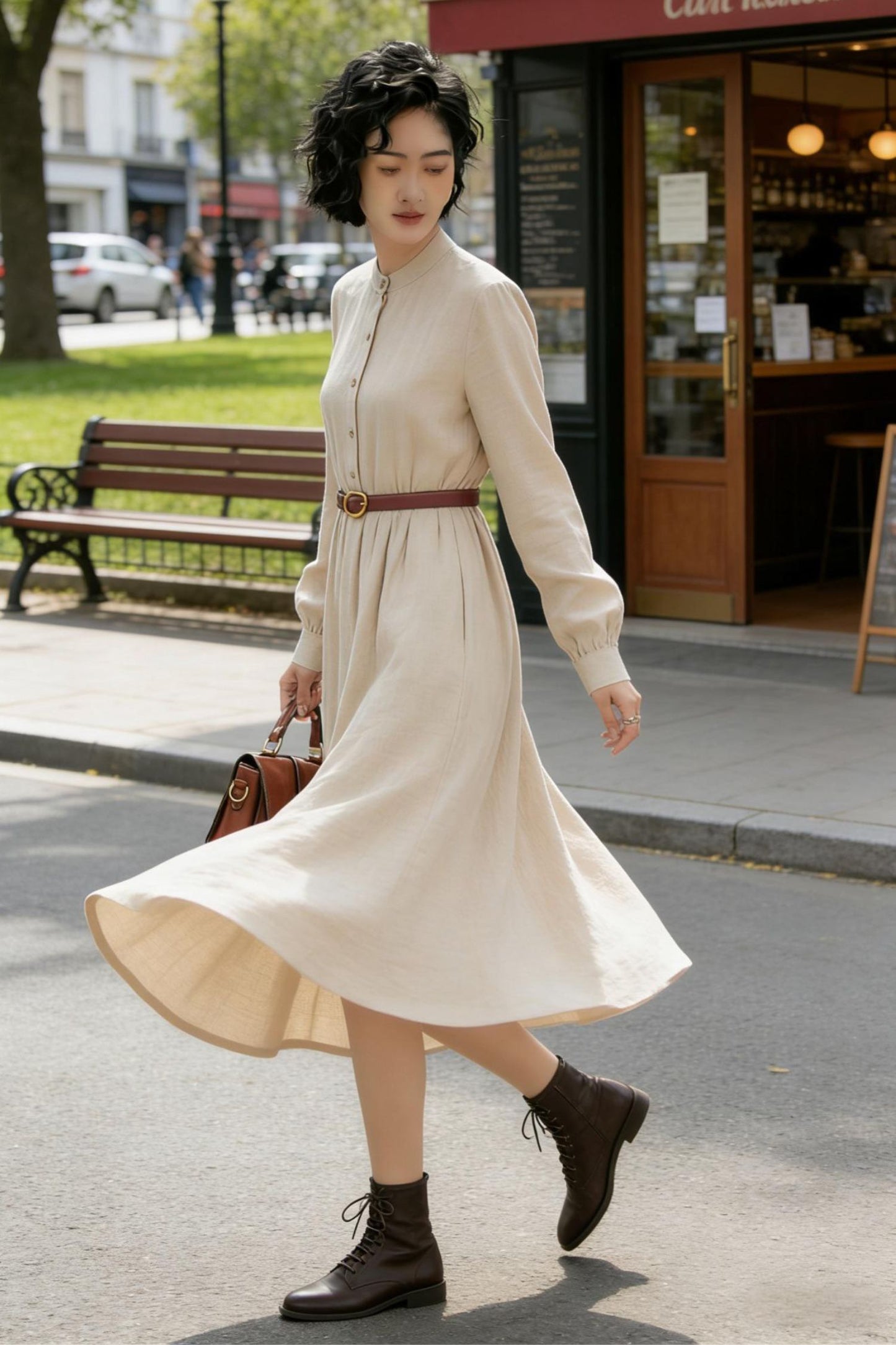 Timeless Beige Linen Midi Dress – Button Front with Stand Collar | Xiaolizi 6772