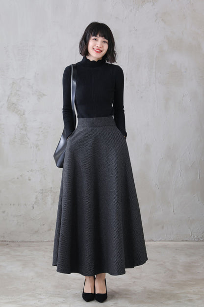 Plaid Wool Maxi Skirt - Vintage Inspired Flared Ankle-Length 3120
