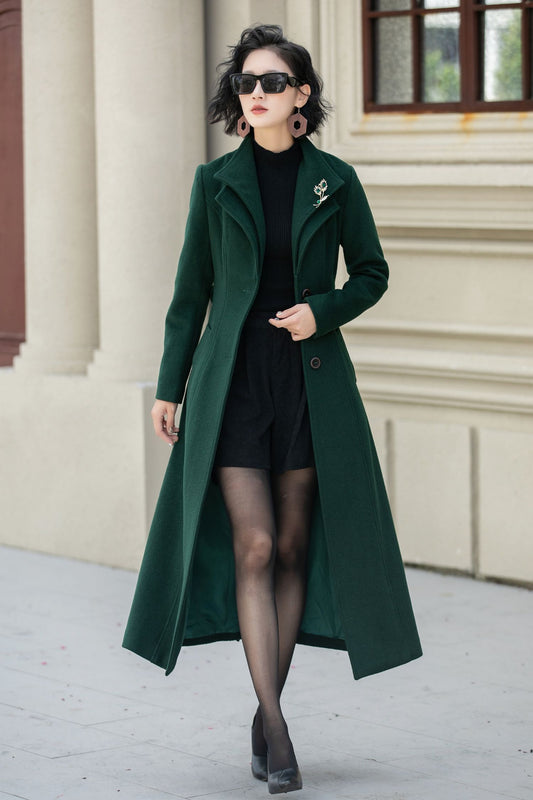 Green long wool trench coat women 5350