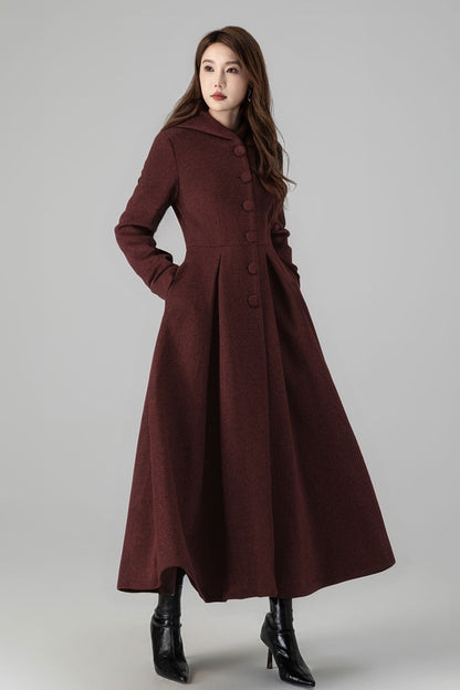 Burgundy Hooded Wool Maxi Coat – Vintage Swing Long Winter Overcoat 5242